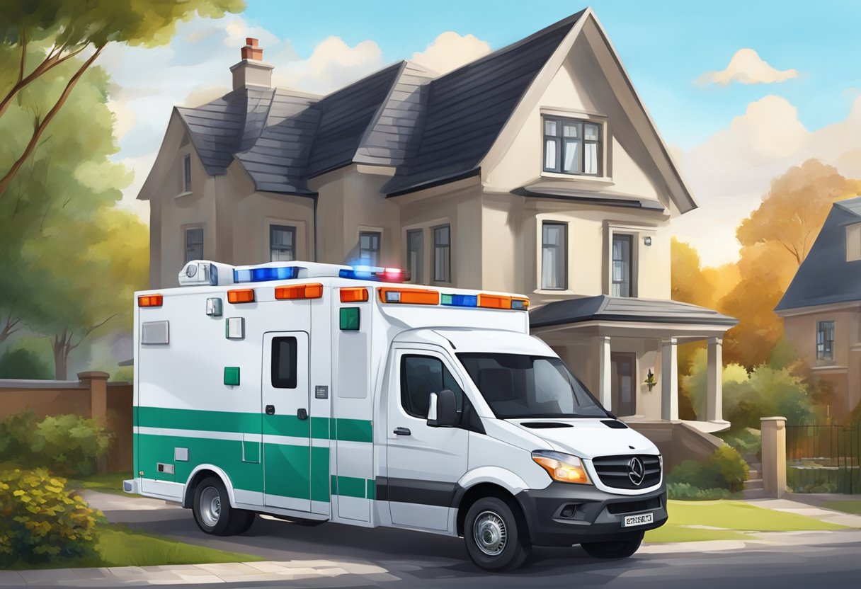 Uma ambulância psiquiátrica estacionada em frente a uma casa de família, com uma equipe de profissionais de saúde oferecendo apoio e assistência à família e à sociedade.