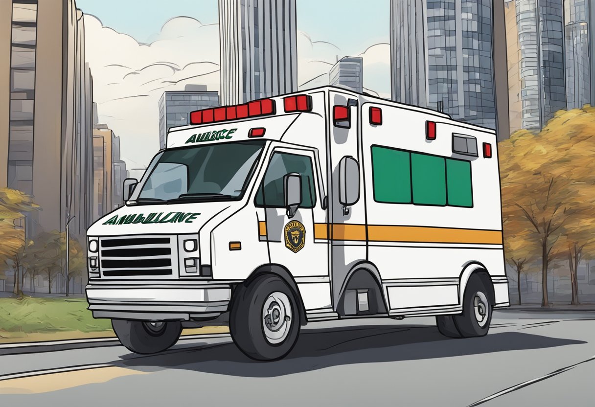 Uma ambulância psiquiátrica navegando por uma rua da cidade, com edifícios altos ao fundo e uma sensação de urgência no ar