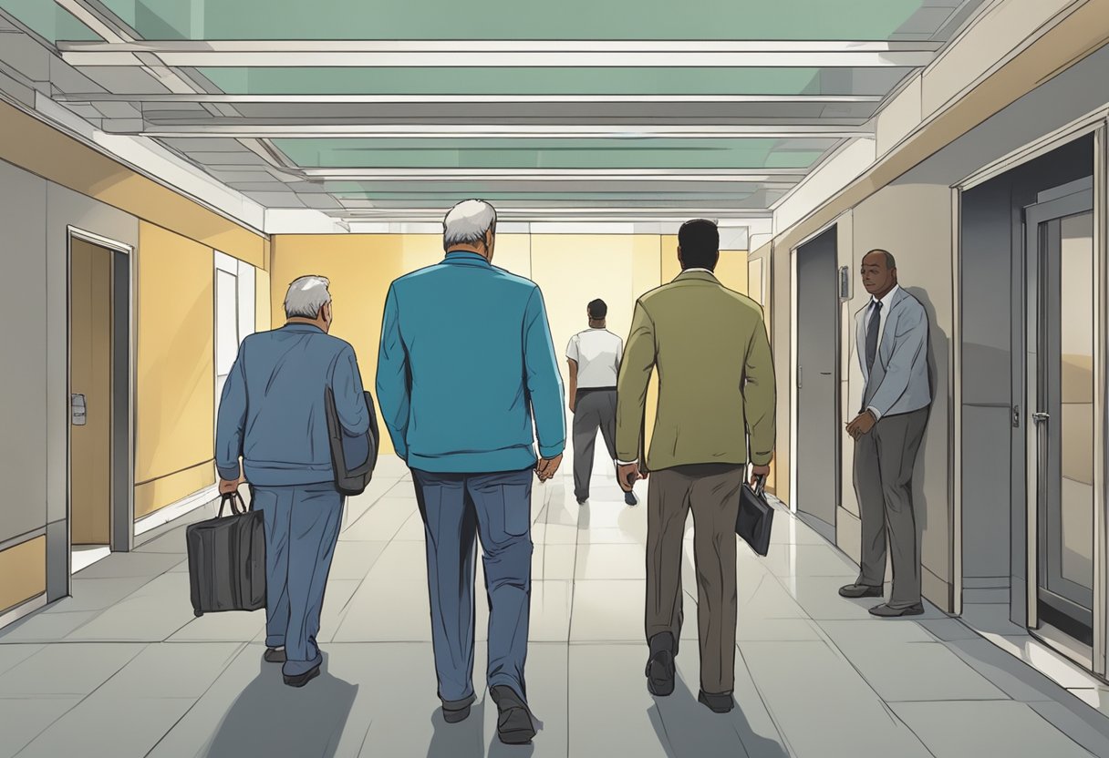 Uma pessoa sendo escoltada para dentro de uma instalação por duas pessoas com uma expressão severa, enquanto outros observam com preocupação à distância.