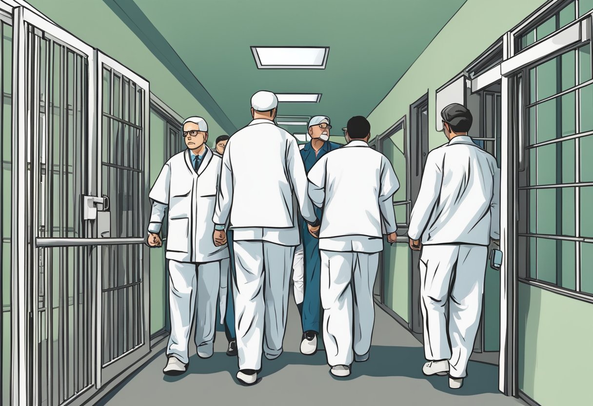 Uma pessoa sendo acompanhada por profissionais médicos e psiquiátricos para uma instituição segura para internação involuntária.