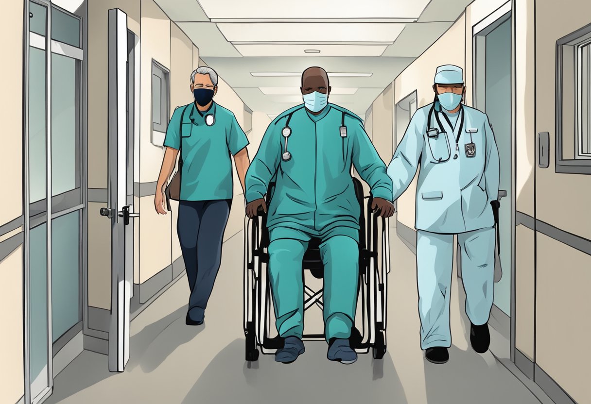 Uma pessoa sendo acompanhada para uma unidade de saúde mental por profissionais de saúde e pessoal de segurança.