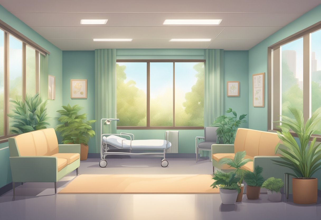 Uma sala de hospital serena com móveis confortáveis, iluminação suave e cores tranquilas. Uma atmosfera pacífica com plantas e obras de arte relaxantes nas paredes.