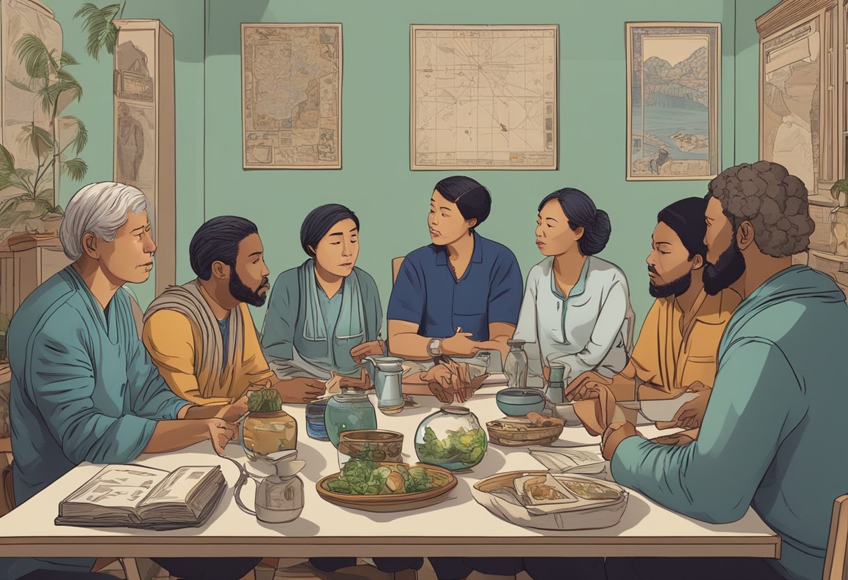 Um grupo de pessoas se reuniu em torno de uma mesa, envolvido em uma discussão acalorada sobre hospitalização involuntária, com vários símbolos e artefatos culturais exibidos ao fundo.