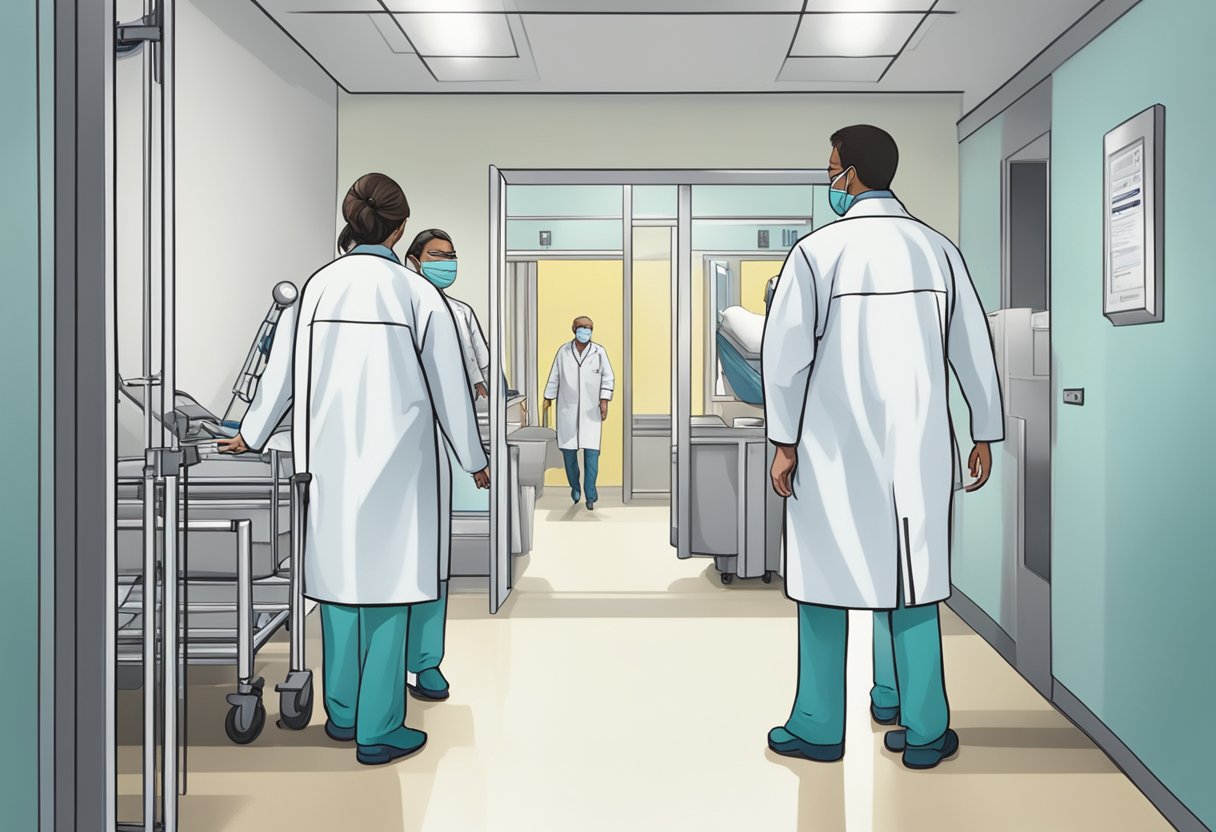 Uma pessoa sendo acompanhada para dentro de uma instalação estéril e clínica por dois indivíduos de expressão séria em jalecos brancos.