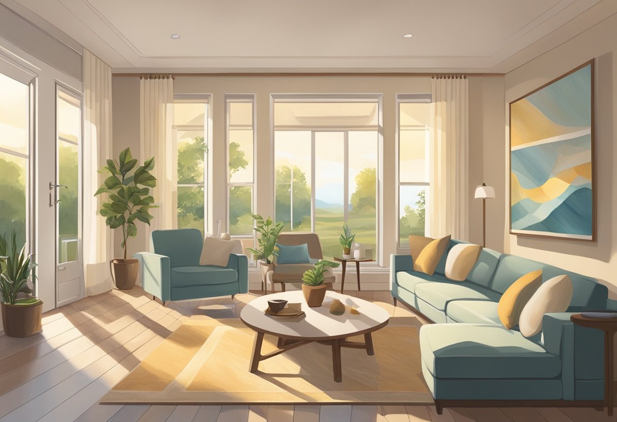 Uma sala serena, iluminada pelo sol, com móveis confortáveis e uma decoração suave, criando um ambiente pacífico e acolhedor para indivíduos em tratamento de dependência química.