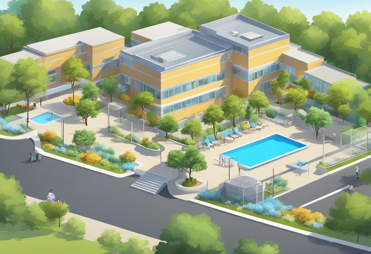 Um centro de reabilitação sereno e organizado, com acomodações confortáveis, salas de aconselhamento e espaços recreativos ao ar livre.