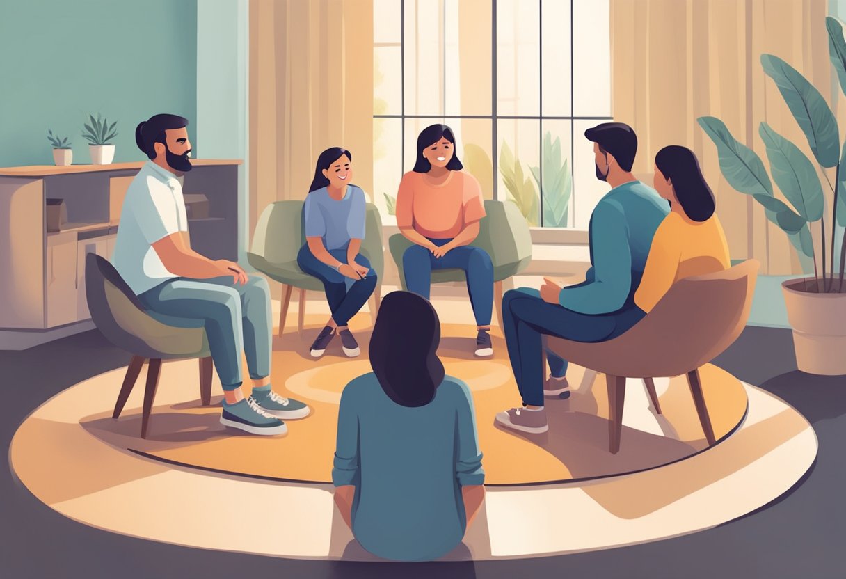 Uma família sentada junta em um círculo, participando de uma sessão de terapia com um conselheiro em um centro de reabilitação para um ente querido que está lutando contra o abuso de substâncias.