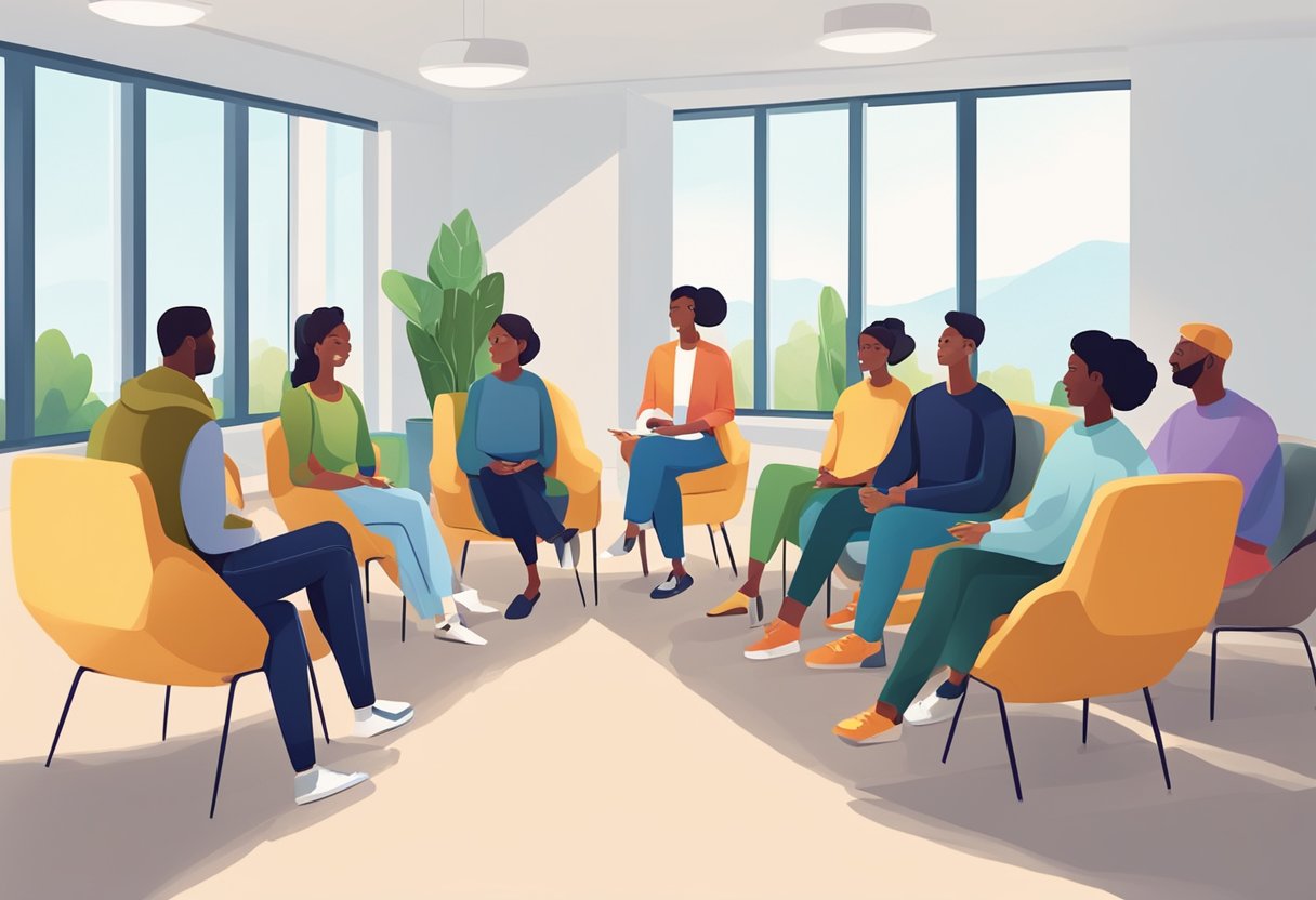 Uma sessão de terapia em grupo em uma sala iluminada e espaçosa, com assentos confortáveis e grandes janelas. Um conselheiro lidera uma discussão enquanto os participantes ouvem e se envolvem.