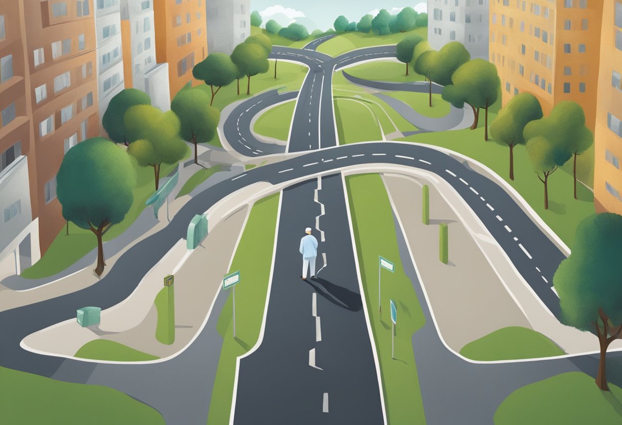Uma pessoa em pé em uma encruzilhada, com um caminho levando a um hospital e o outro a uma estrada escura e sinuosa simbolizando os desafios de tratar e prevenir recaídas na dependência química.