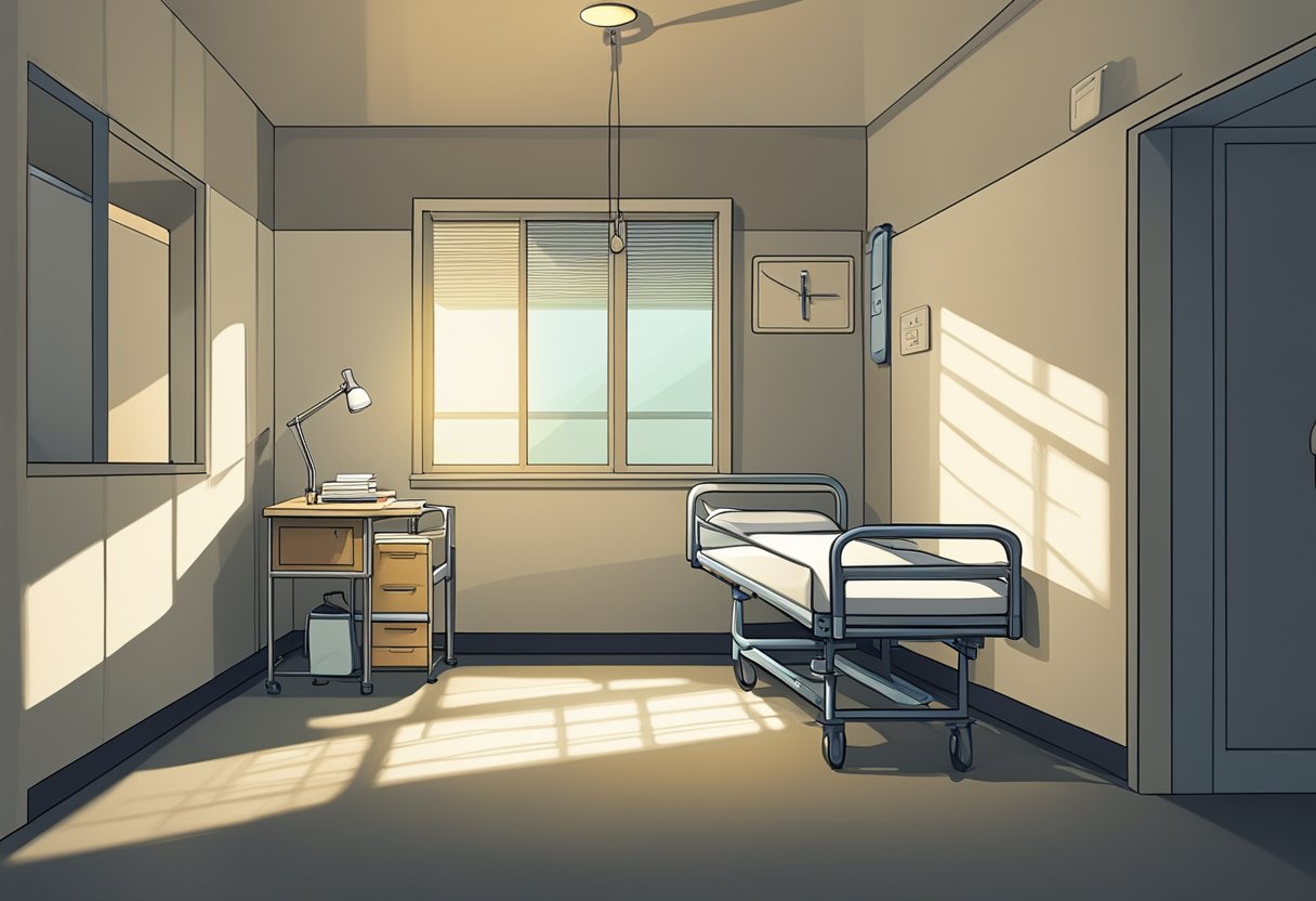 Uma sala de hospital mal iluminada com uma cama solitária e uma pequena janela, projetando sombras nas paredes vazias