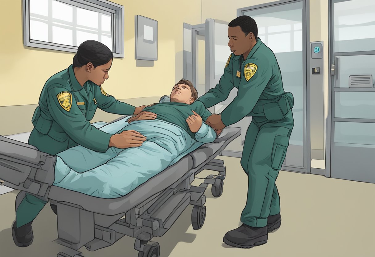 Uma pessoa sendo levada à força para uma instituição de saúde mental por dois indivíduos uniformizados.