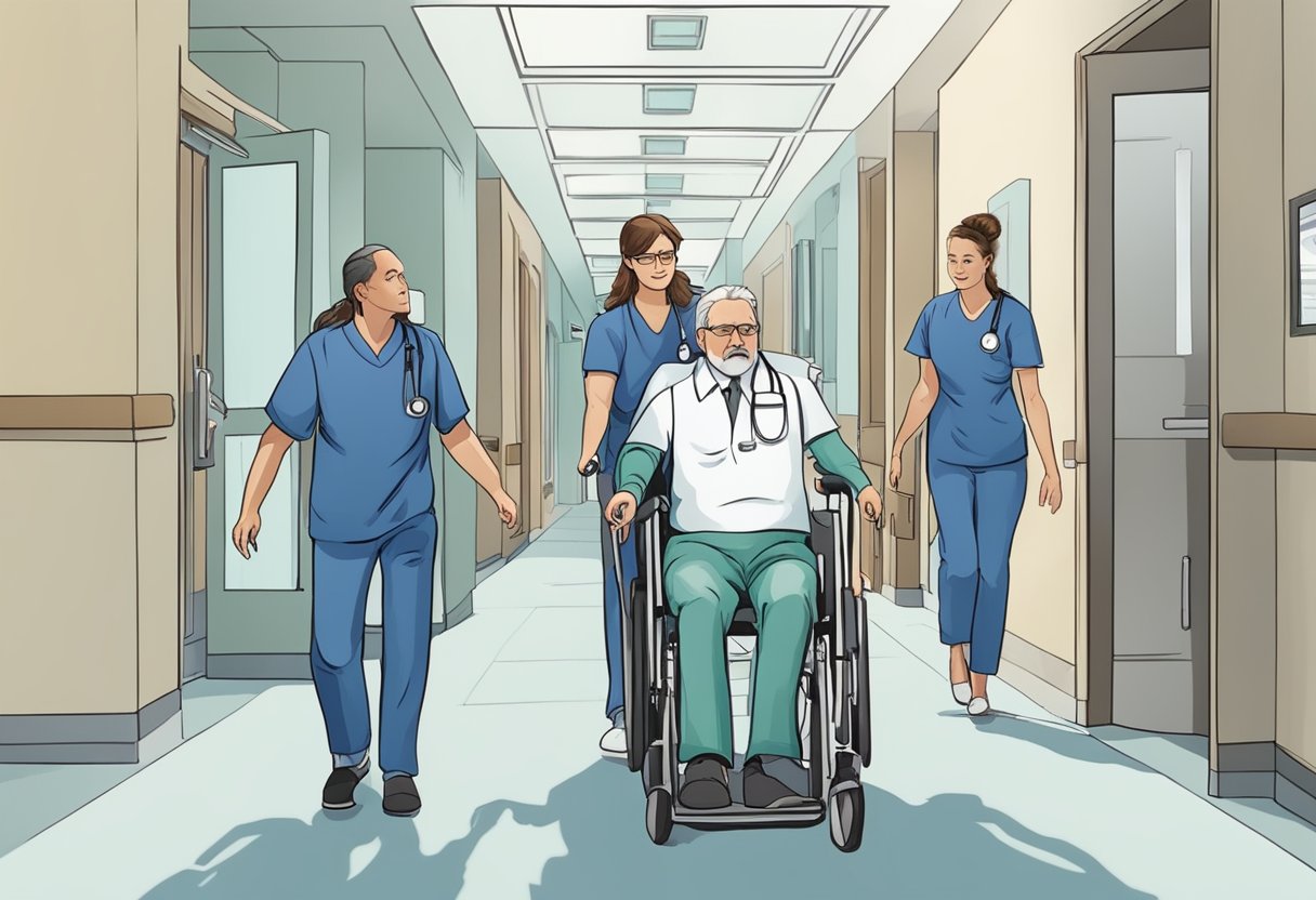 Uma pessoa sendo escoltada para um hospital por duas pessoas contra a sua vontade