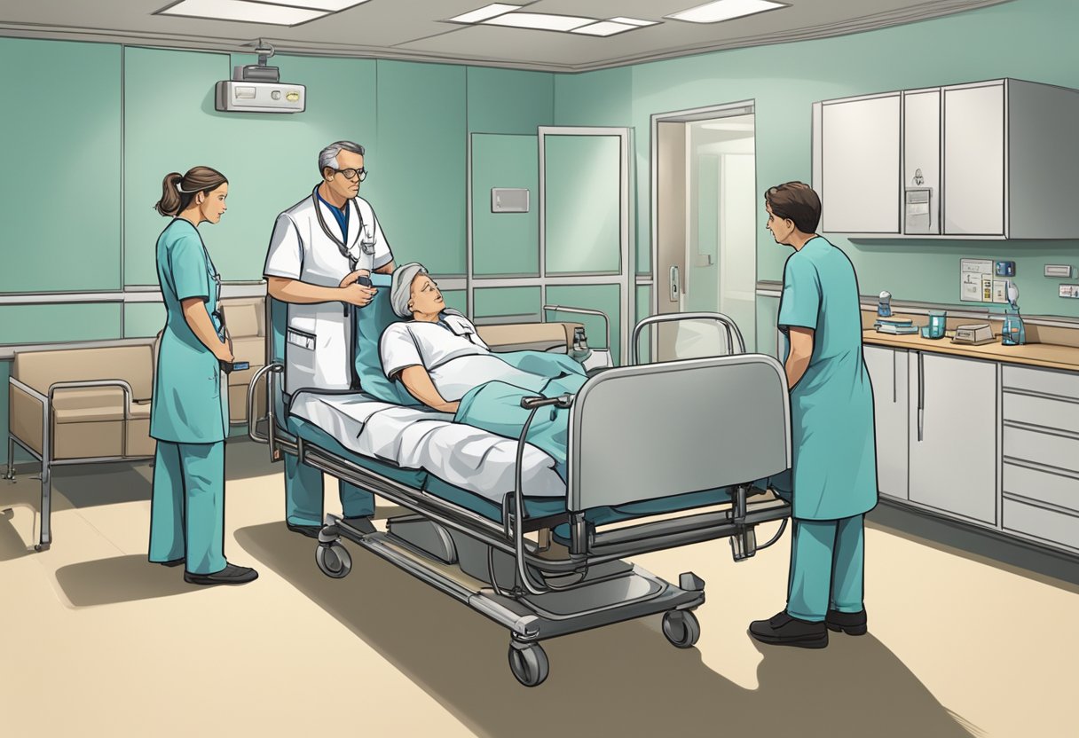 Um quarto de hospital com uma cama e contenções, um médico e uma enfermeira conversando com um membro da família preocupado.