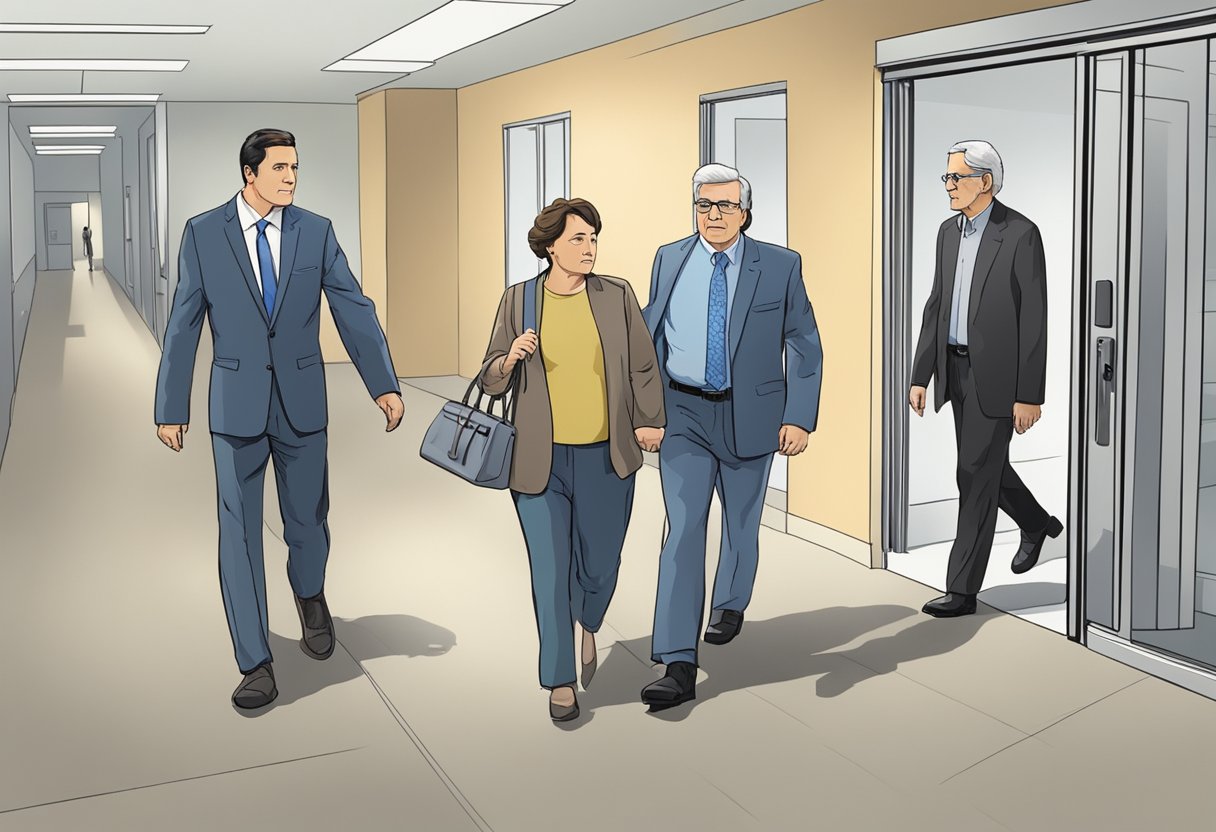 Um membro da família sendo escoltado para uma instalação contra sua vontade por duas figuras autoritárias.