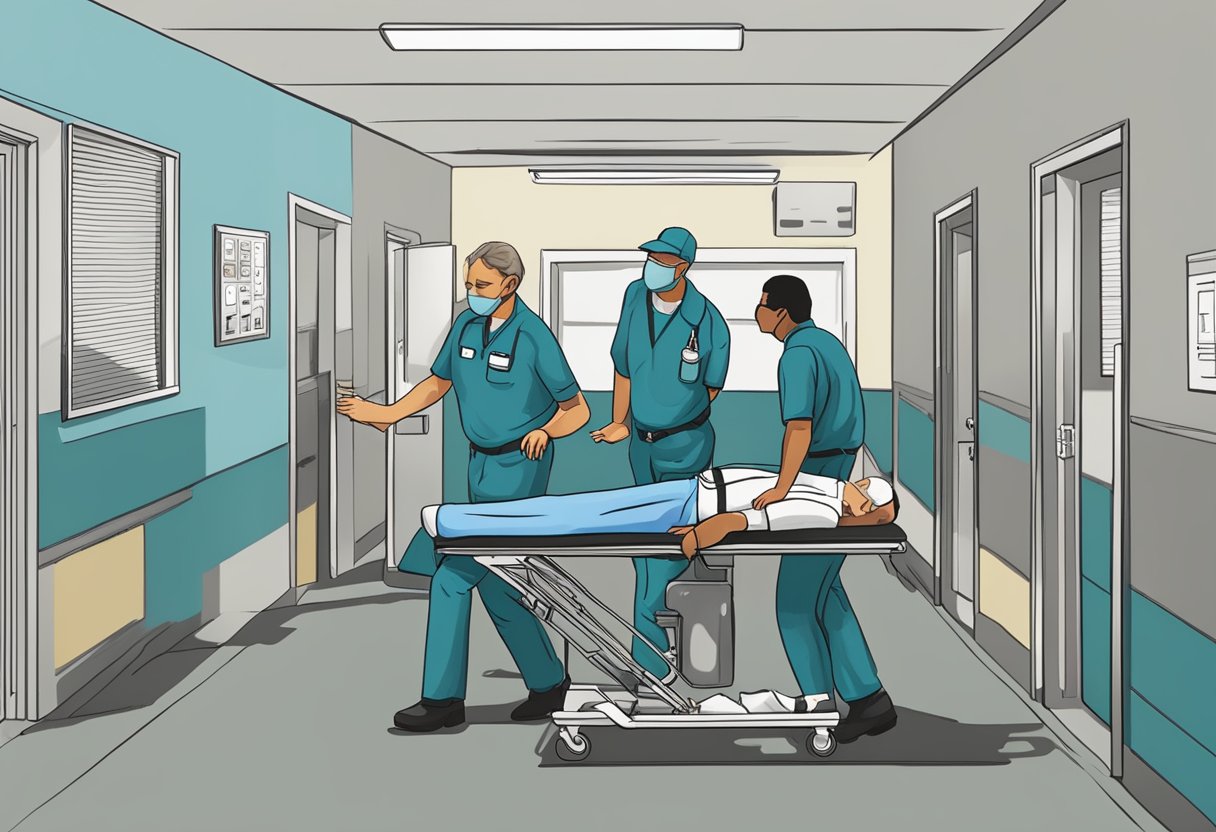 Uma pessoa sendo restrita à força e levada para uma unidade de saúde pelas autoridades para segurança pública.