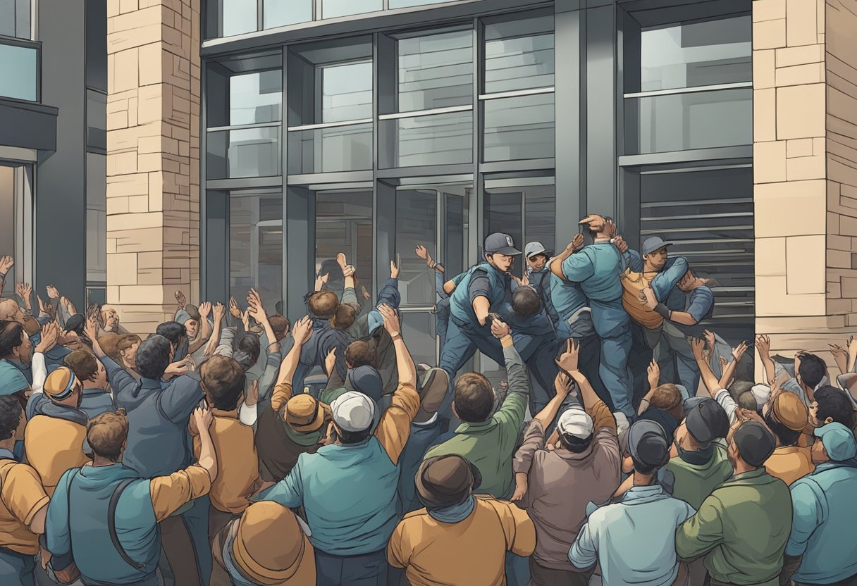 Uma pessoa sendo contida à força e levada para um edifício contra sua vontade, com espectadores expressando preocupação e protesto.
