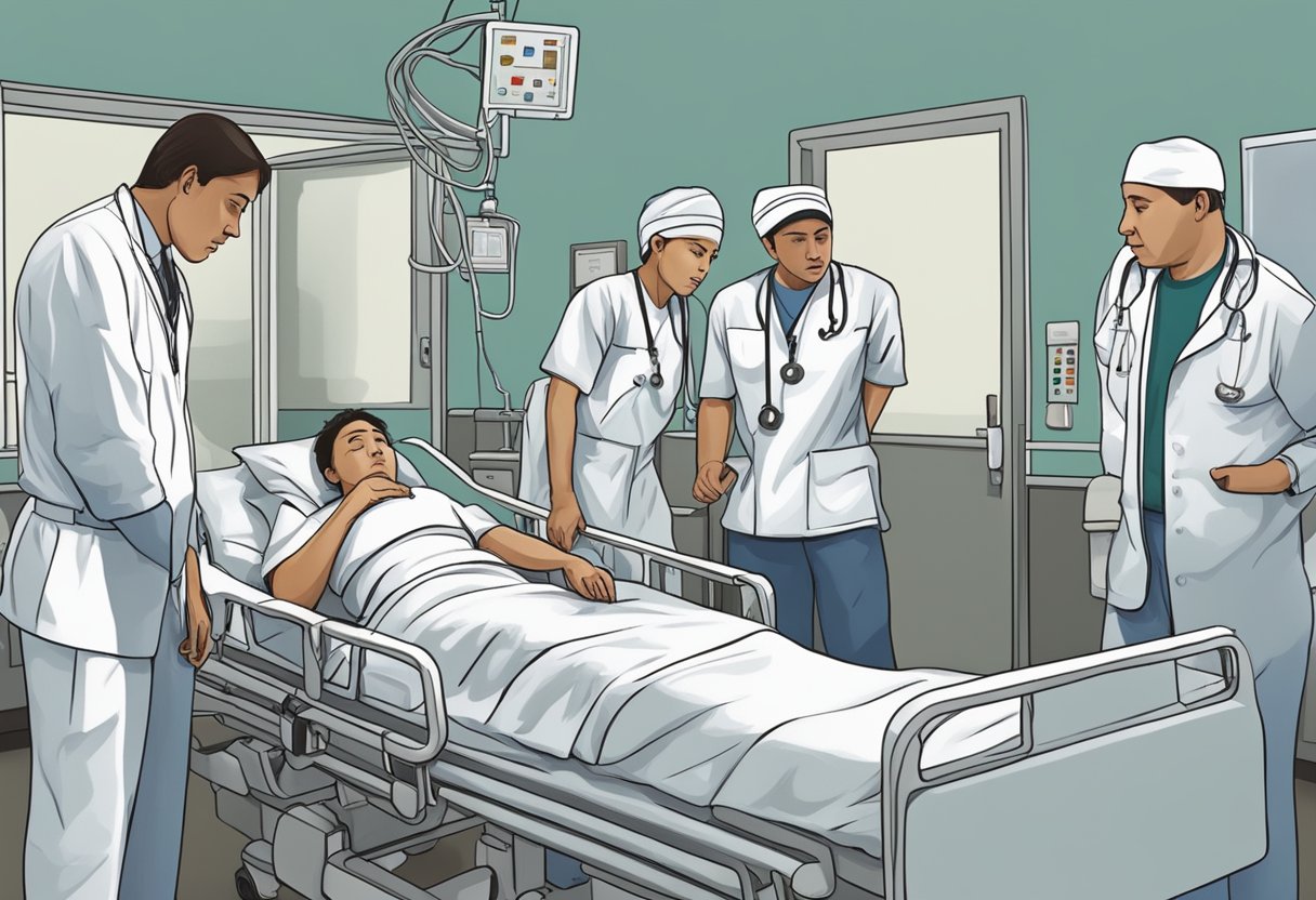 Uma pessoa lutando contra as amarras em uma cama de hospital, cercada por uma equipe médica preocupada.