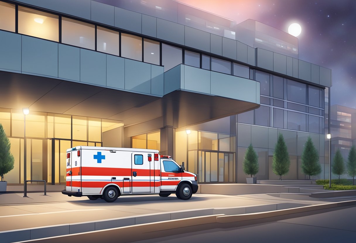 Uma ambulância tipo D estacionada do lado de fora de um hospital com suas luzes piscando