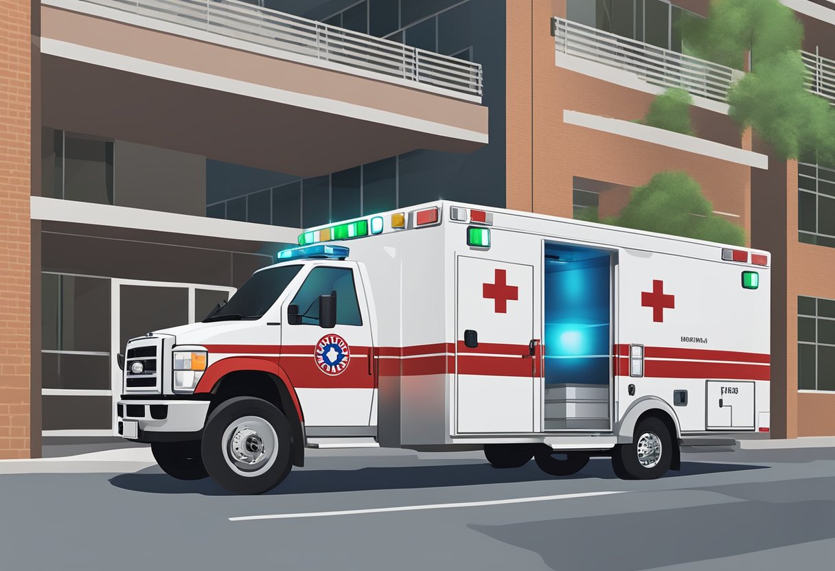 Uma ambulância Tipo D estacionada do lado de fora de um hospital com suas luzes piscando