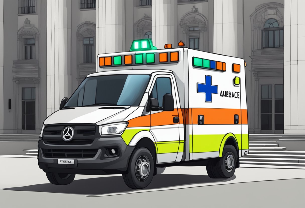 Uma ambulância tipo D estacionada do lado de fora de um prédio legislativo brasileiro, com sinalização e símbolos regulatórios visíveis.