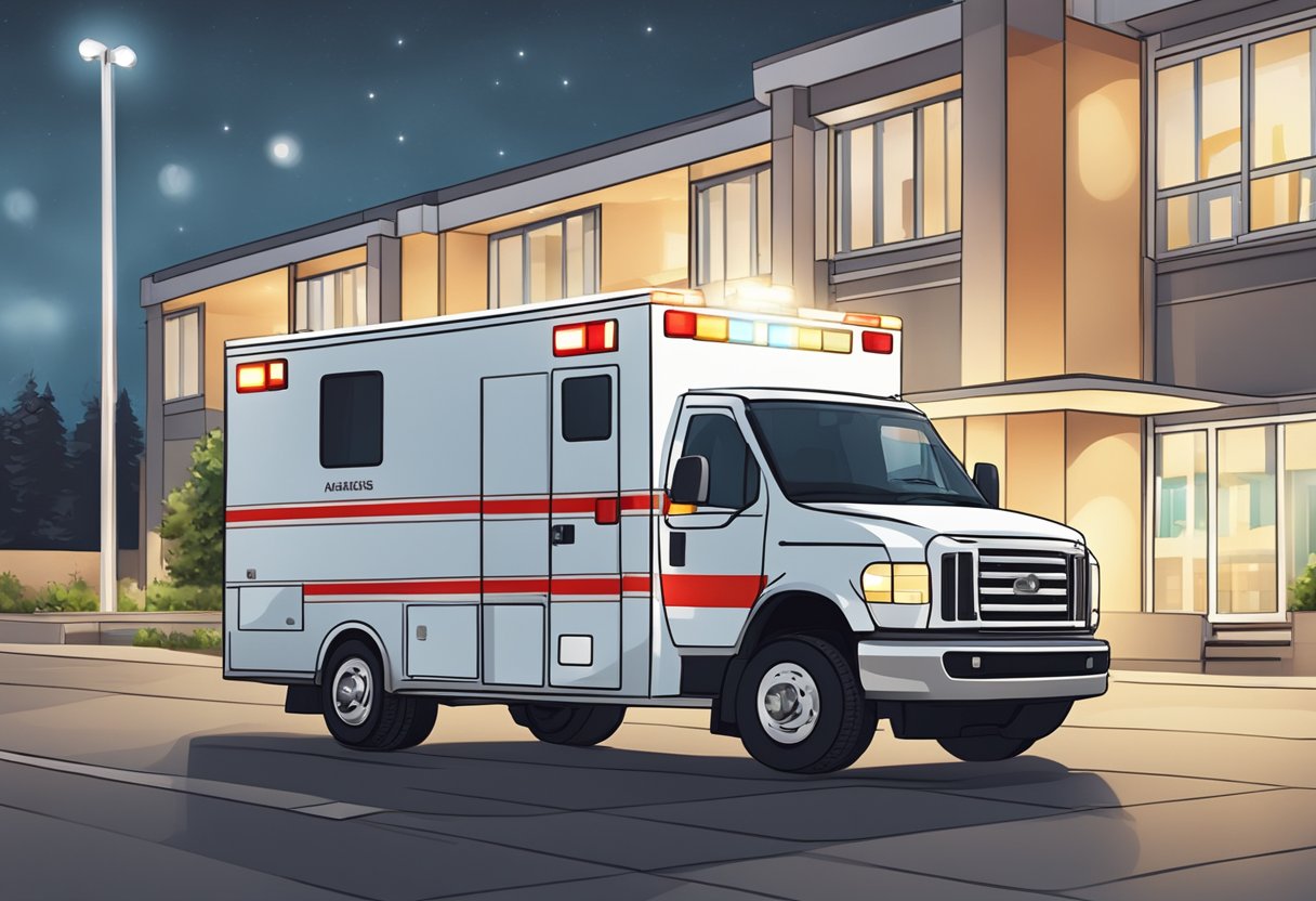 Uma ambulância tipo D estacionada do lado de fora de um hospital com suas luzes piscando.