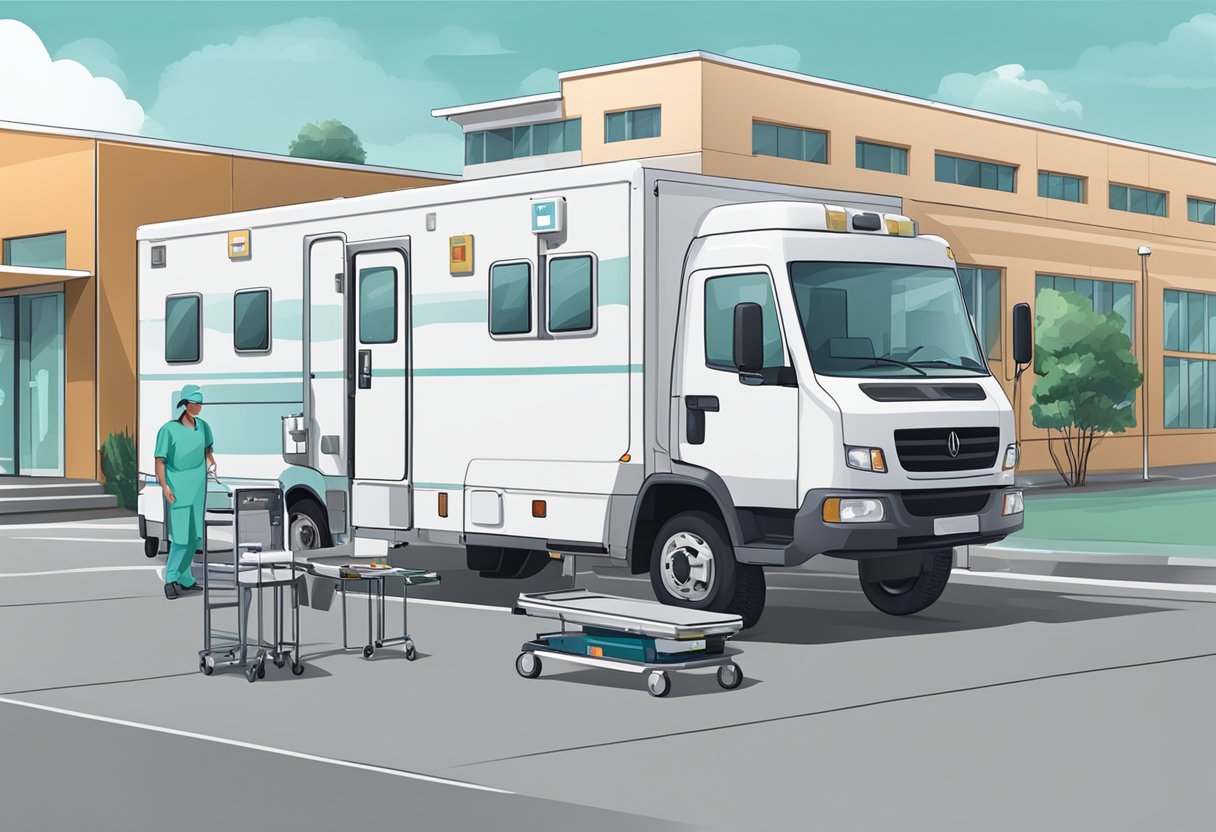 Uma UTI móvel privada estacionada do lado de fora de um hospital, com equipamentos médicos e pessoal por perto
