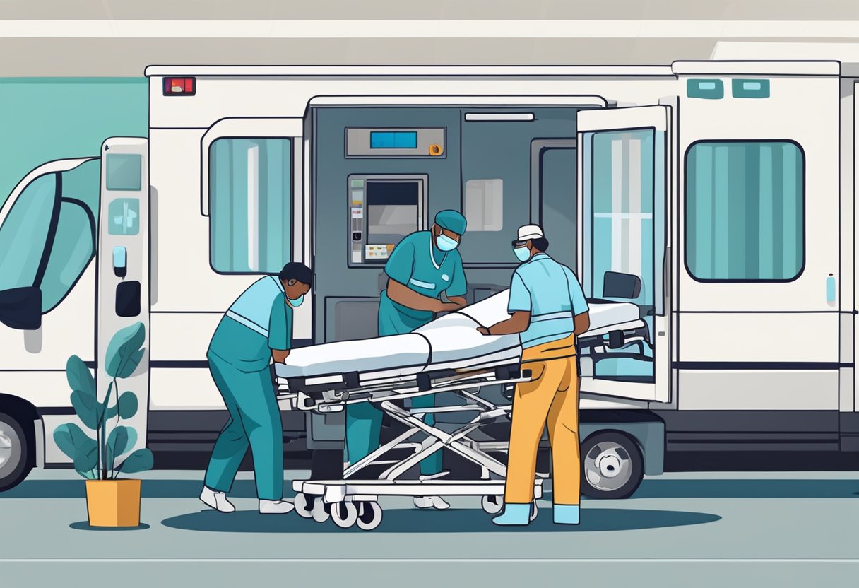 Uma UTI móvel totalmente equipada estacionada do lado de fora de um hospital, com equipe médica atendendo a um paciente em uma maca.