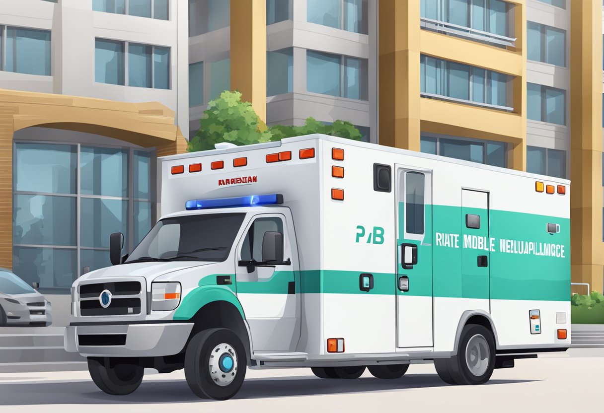 Uma ambulância de UTI móvel privada com equipamentos e suprimentos médicos avançados estacionada do lado de fora de um hospital.