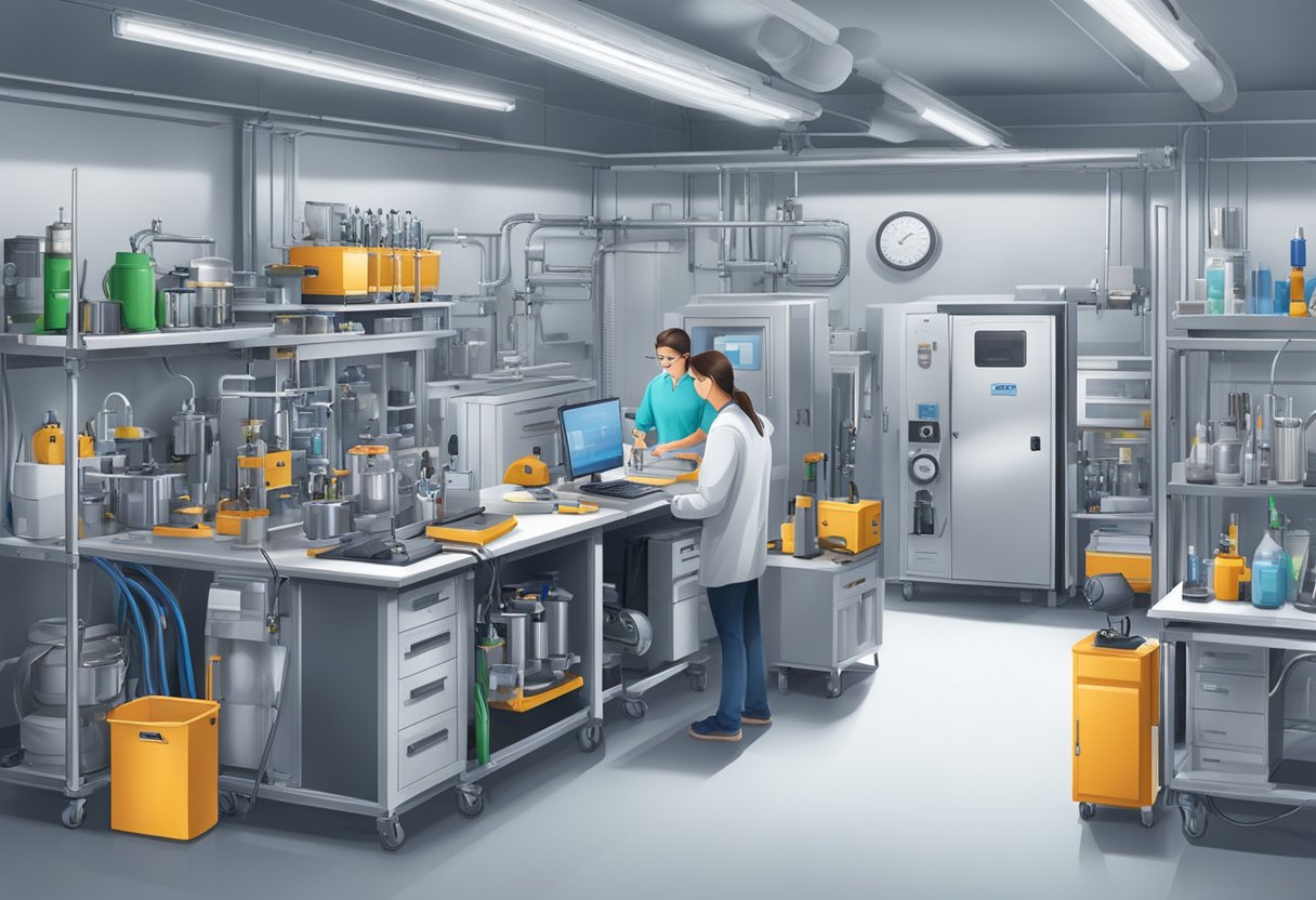 Um laboratório de testes móvel cercado por equipamentos e ferramentas, com técnicos realizando verificações de qualidade e inspeções.