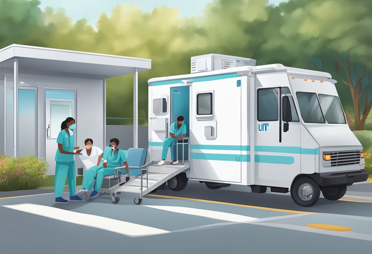 Uma unidade móvel de UTI privada de prevenção e tratamento estacionada do lado de fora de uma instalação médica, com uma enfermeira e um médico atendendo pacientes.