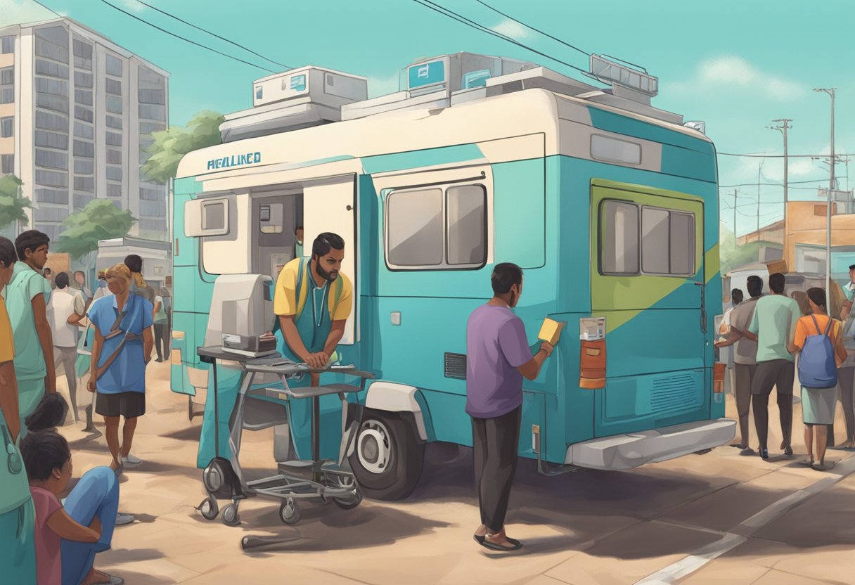 Uma unidade médica móvel estacionada em um ambiente urbano brasileiro, cercada por pessoas em busca de atendimento médico.