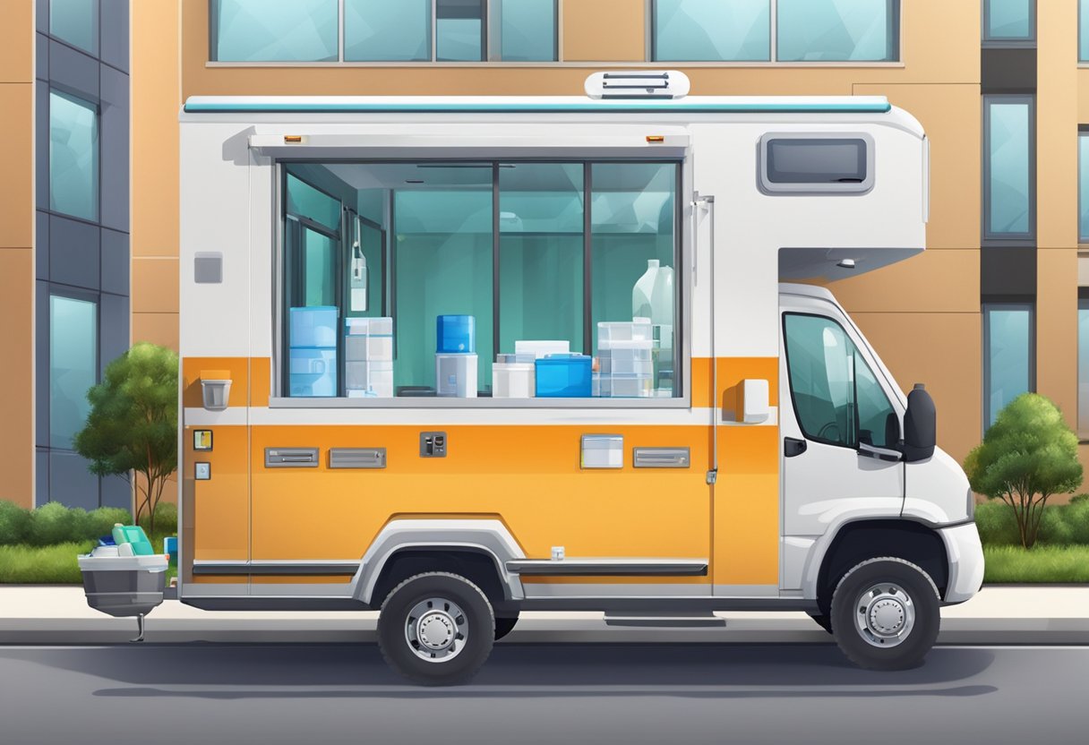 Uma unidade médica móvel privada estacionada do lado de fora de um prédio, com equipamentos e suprimentos médicos visíveis através das janelas.