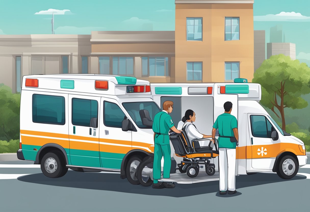 Serviço de Transporte de Pacientes: Eficiência e Segurança no Atendimento 1 Um serviço especializado de transporte de pacientes com um veículo médico e paramédicos ajudando um paciente a entrar no veículo.