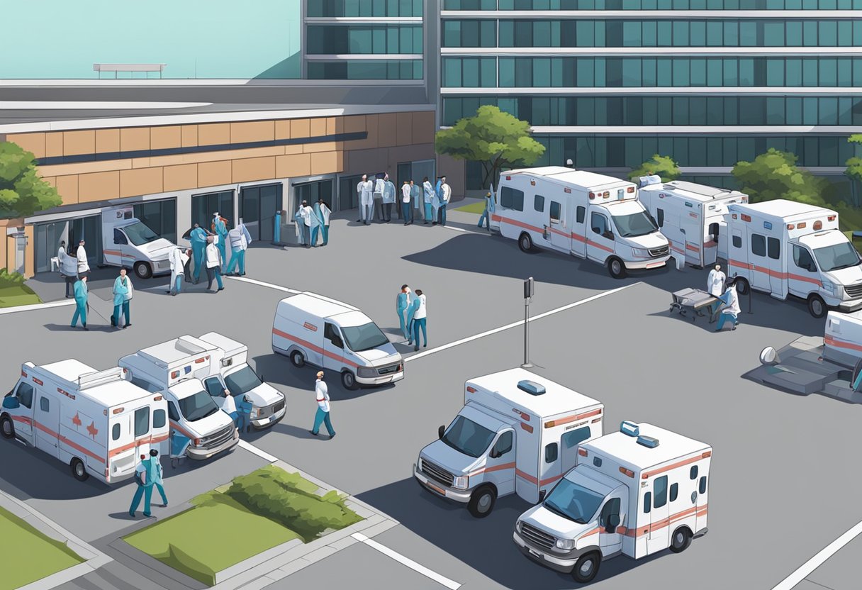 Serviço de Transporte de Pacientes: Eficiência e Segurança no Atendimento 3 Um grupo de ambulâncias estacionadas em frente a um hospital, com a equipe médica colocando um paciente em uma maca.