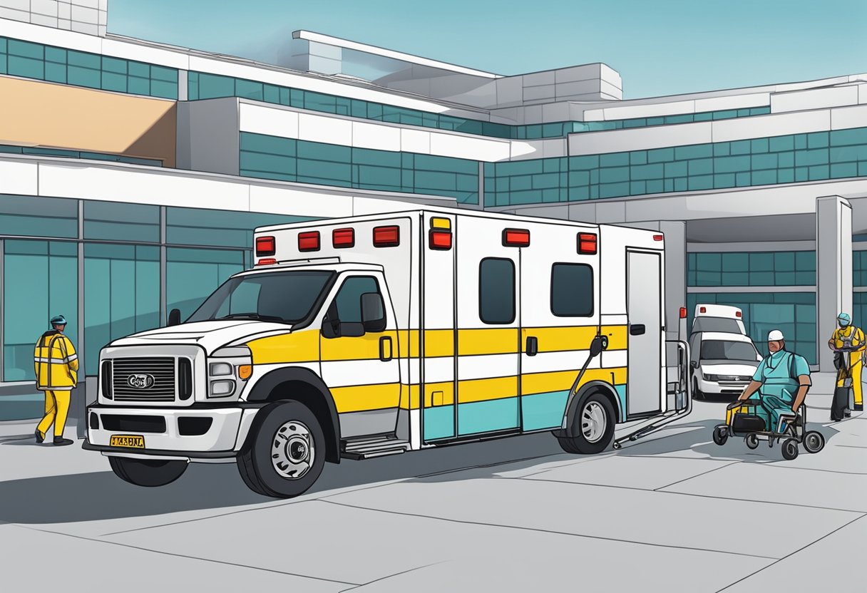 Serviço de Transporte de Pacientes: Eficiência e Segurança no Atendimento 4 Um veículo de transporte médico estacionado do lado de fora de um hospital, com paramédicos carregando uma maca na parte de trás.