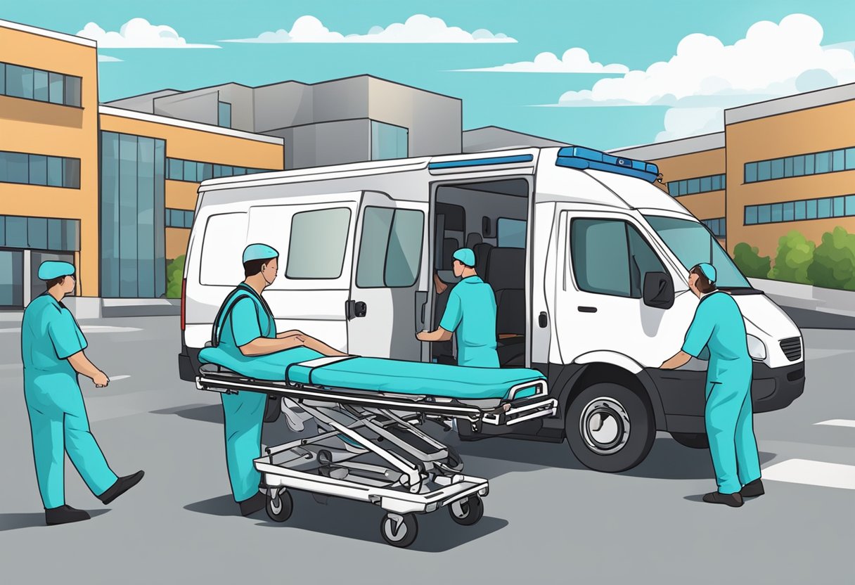 Serviço de Transporte de Pacientes: Eficiência e Segurança no Atendimento 5 Um veículo de transporte médico estacionado do lado de fora de um hospital, com a equipe médica carregando um paciente em uma maca.
