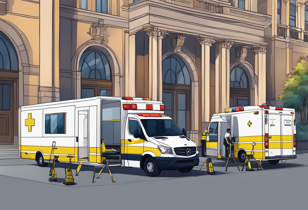 Serviço de Transporte de Pacientes: Eficiência e Segurança no Atendimento 6 Um veículo de transporte médico estacionado do lado de fora de um local de evento especial, com paramédicos descarregando uma maca e equipamentos médicos.