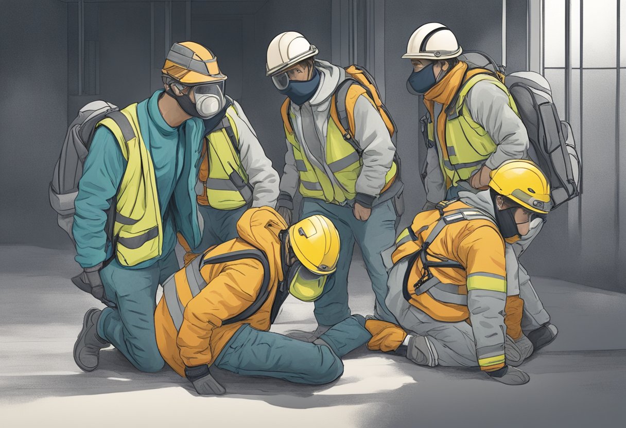 Resgate de Dependentes Químicos: Estratégias e Abordagens Eficazes 1 Um grupo de pessoas orienta um indivíduo desorientado em direção à segurança, oferecendo apoio e compreensão em sua jornada de recuperação da dependência química.