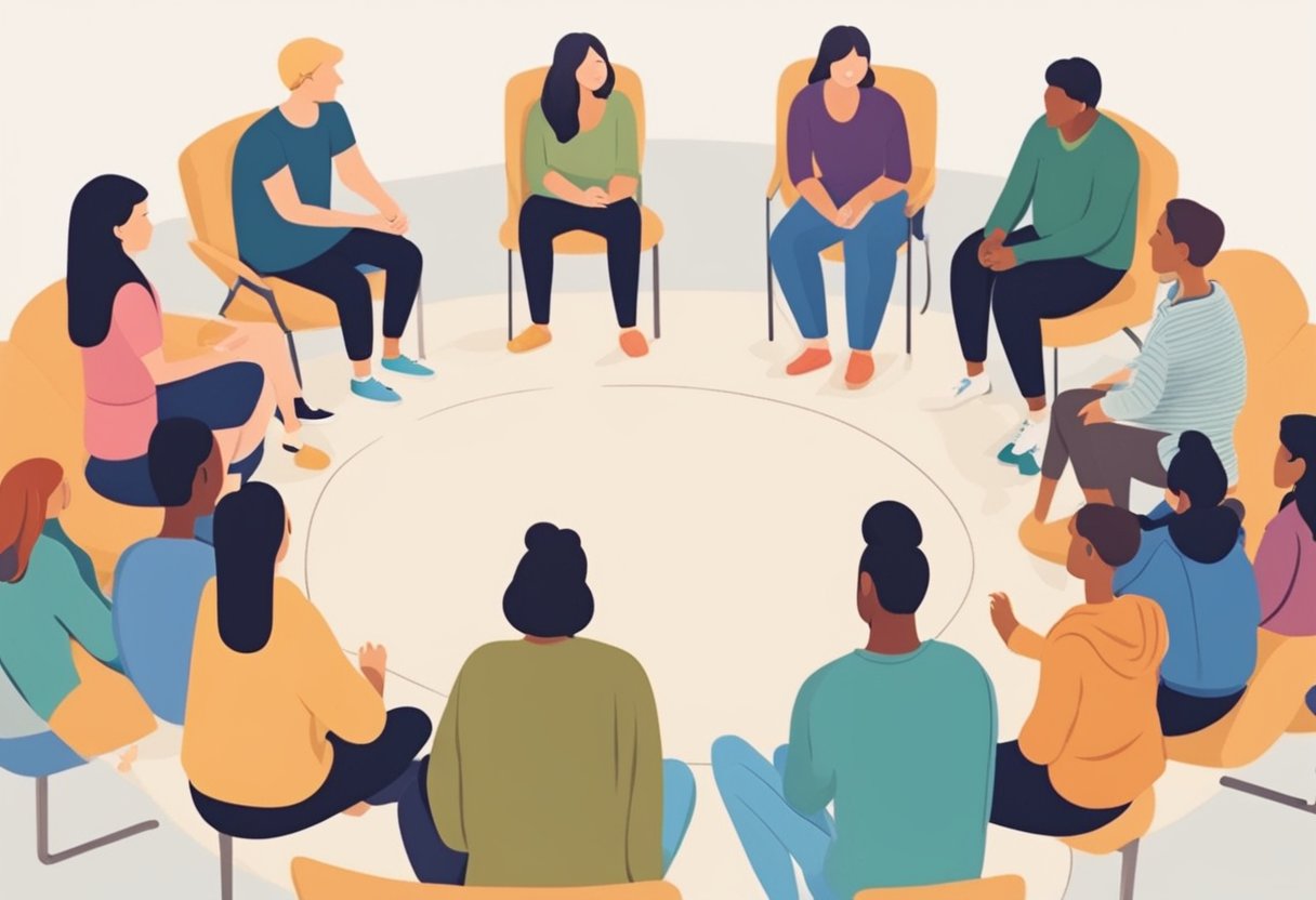 Resgate de Dependentes Químicos: Estratégias e Abordagens Eficazes 2 Um grupo de pessoas se reúne em um círculo, participando de várias atividades terapêuticas, como discussões em grupo e terapia artística, como parte de um programa de tratamento para dependência de drogas.
