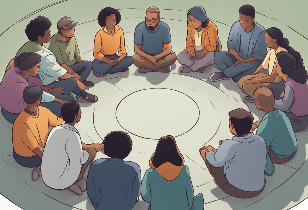 Resgate de Dependentes Químicos: Estratégias e Abordagens Eficazes 3 Um grupo de pessoas se reúne em círculo ao redor de uma pessoa em necessidade, oferecendo apoio e orientação em um ambiente pacífico e empático.