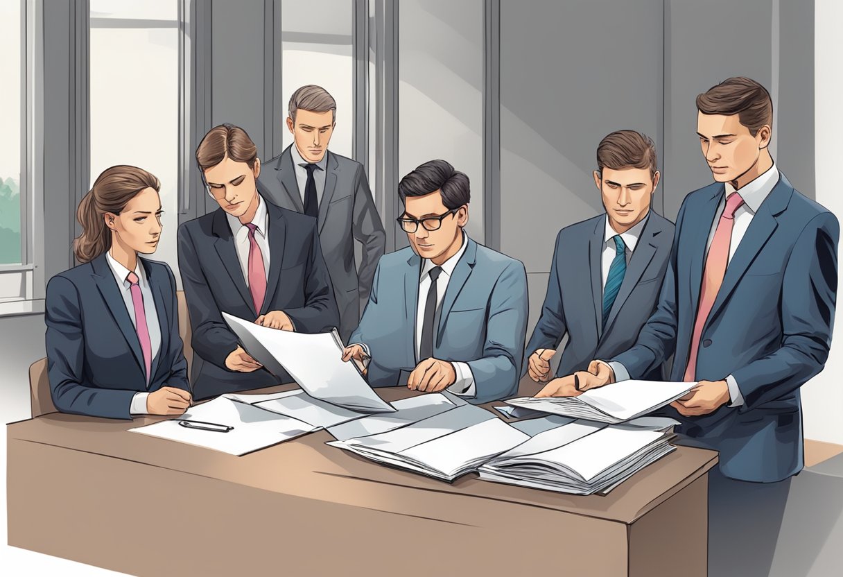 Resgate de Dependentes Químicos: Estratégias e Abordagens Eficazes 4 Um grupo de pessoas de terno discutindo e revisando documentos legais relacionados à hospitalização e reabilitação de dependentes químicos.