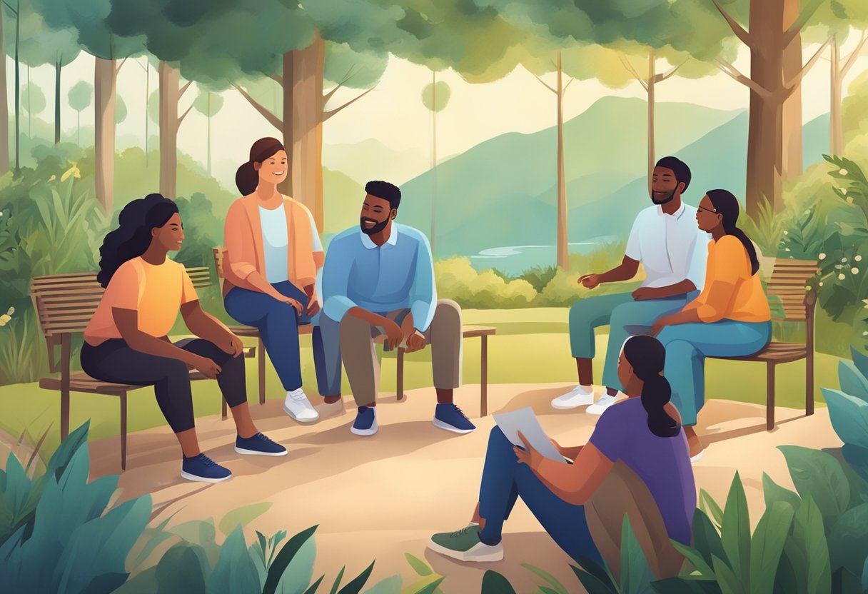 Resgate de Dependentes Químicos: Estratégias e Abordagens Eficazes 5 Um grupo de indivíduos participa de terapia e treinamento vocacional em um ambiente comunitário de apoio, cercado pela natureza e reforço positivo.