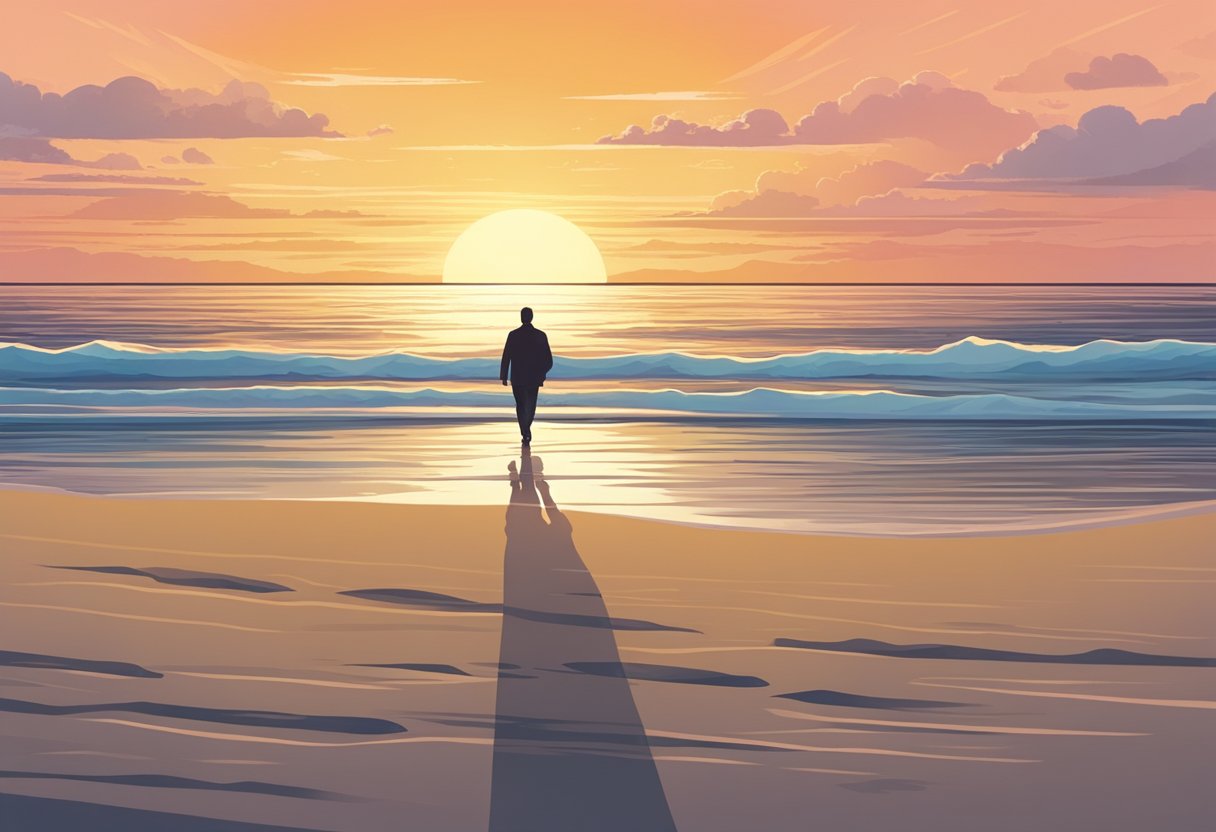 Resgate de Dependentes Químicos: Estratégias e Abordagens Eficazes 7 Uma praia serena ao pôr do sol, com uma figura caminhando ao longo da costa, simbolizando a jornada de recuperação e sobriedade para indivíduos que lutam contra o vício.