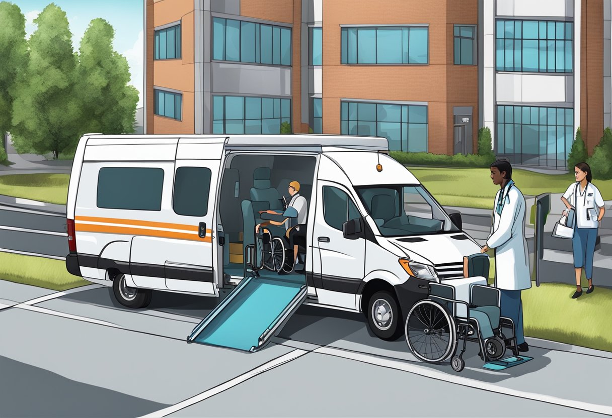 Uma van de transporte médico privado estacionada do lado de fora de um hospital, com uma rampa para cadeira de rodas estendida e um profissional de saúde ajudando um paciente dentro.