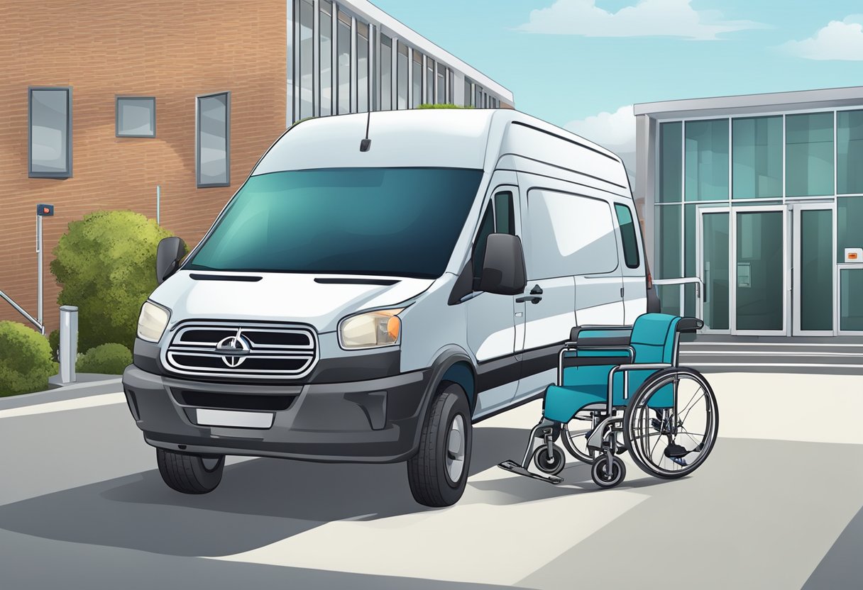 Uma van com elevador para cadeira de rodas e equipamento médico estacionada do lado de fora de um hospital.