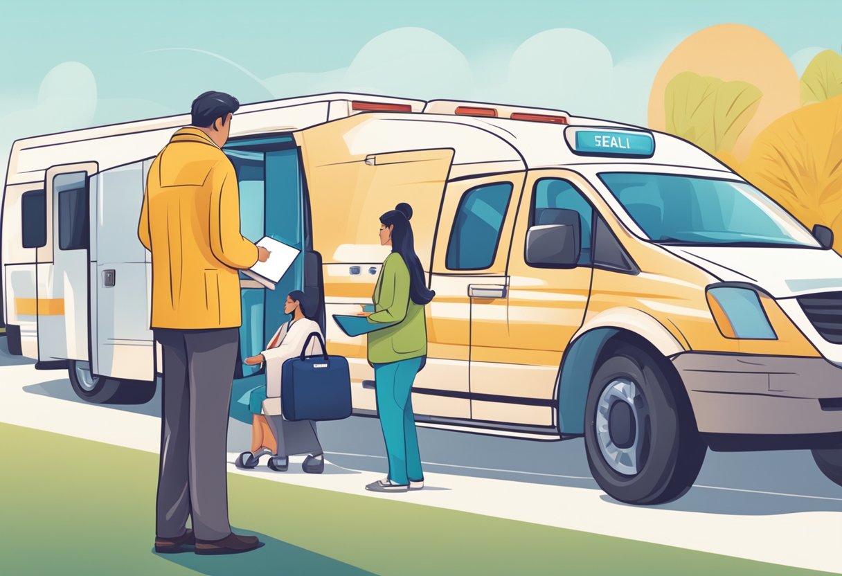Uma pessoa reservando um serviço de transporte privado para pacientes online, selecionando datas e inserindo detalhes.