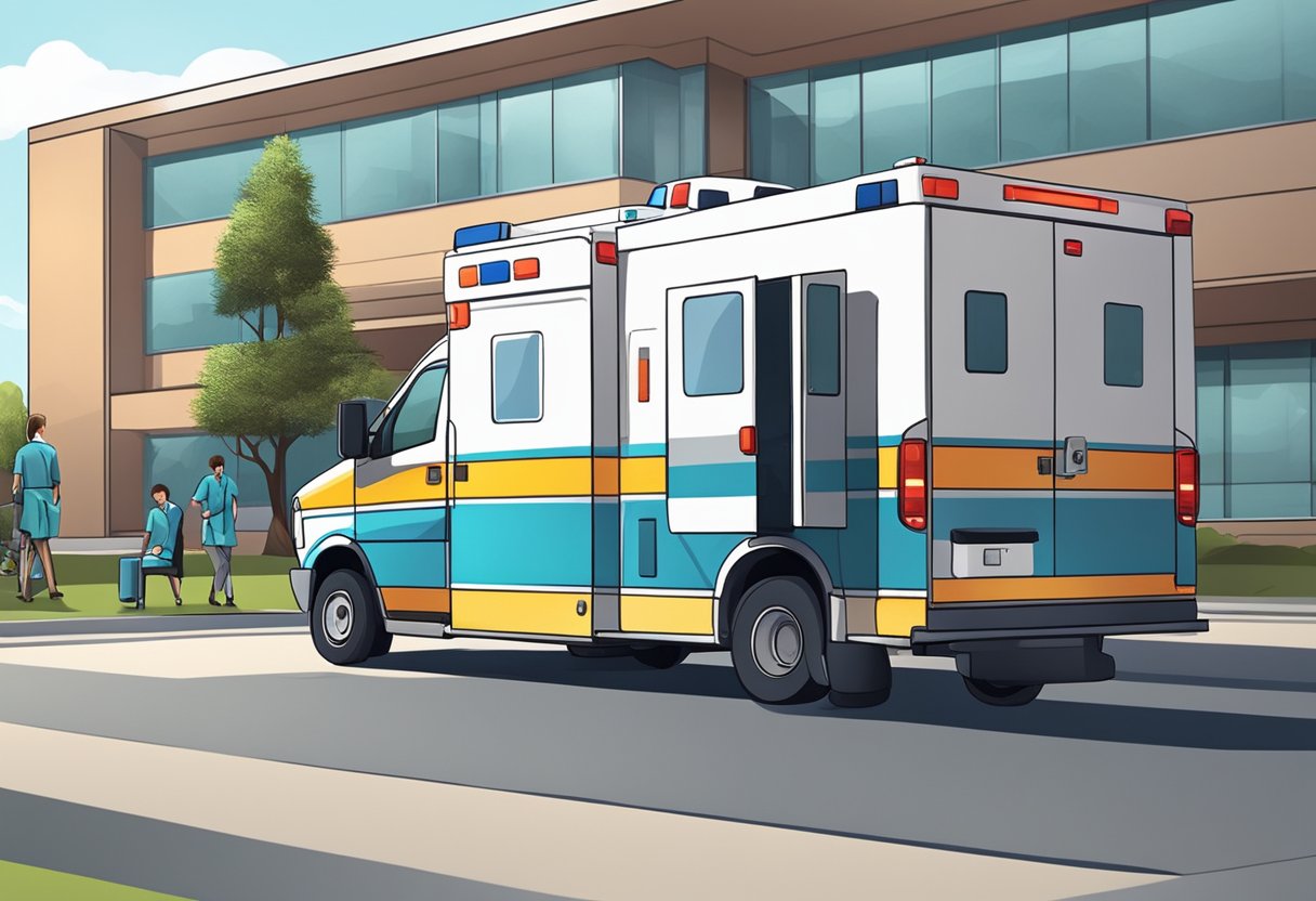 Uma ambulância particular estacionada do lado de fora de um hospital, com a equipe médica assistindo um paciente em uma maca.