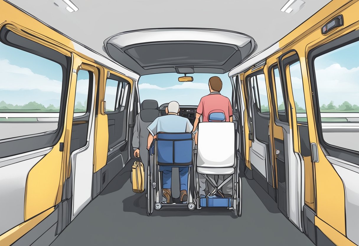 Um paciente sendo acompanhado para um veículo de transporte privado por um motorista profissional, enquanto um membro da equipe atencioso e cuidadoso garante seu conforto e segurança.