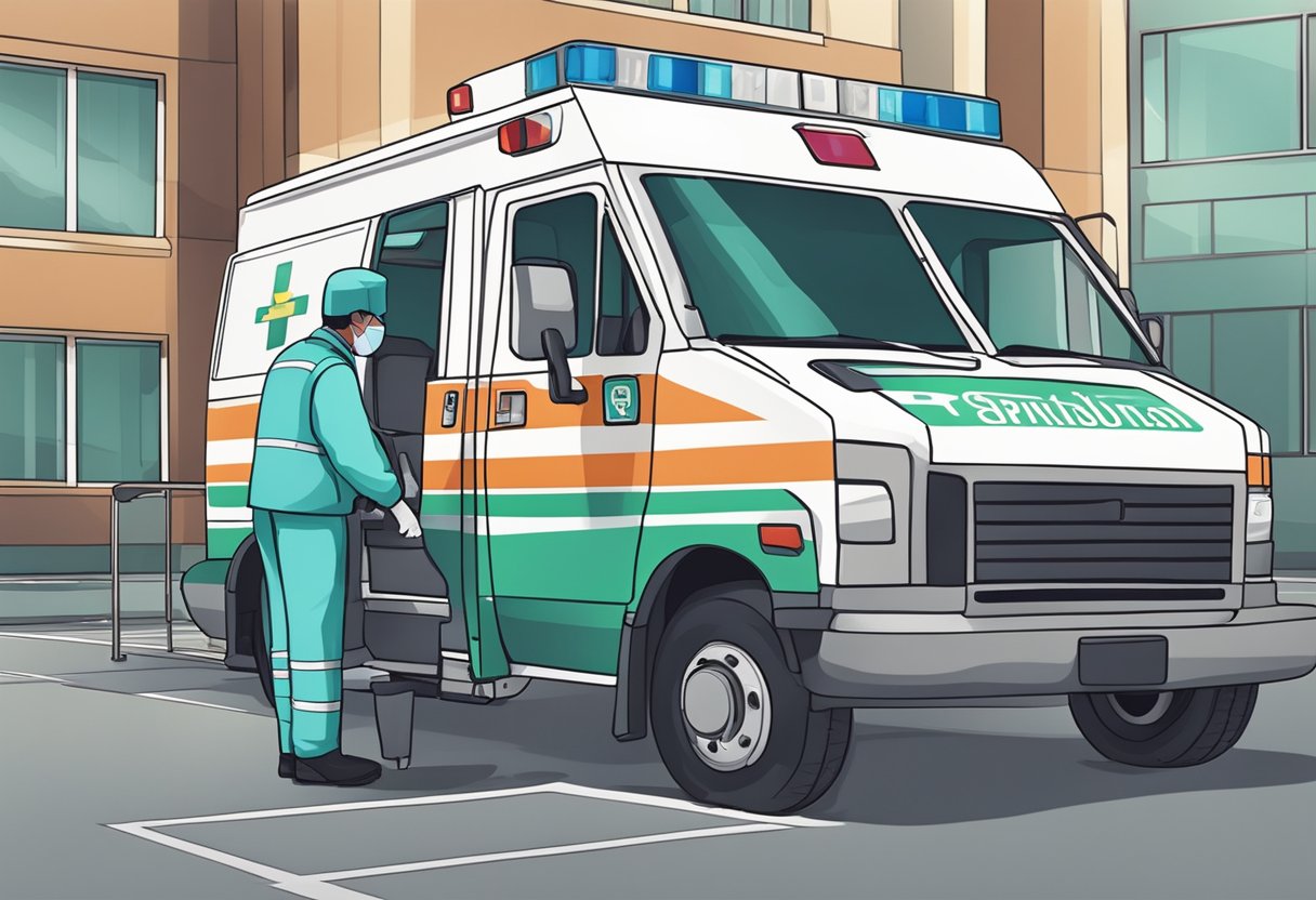 Uma ambulância particular estacionada do lado de fora de um hospital, com um profissional de saúde ajudando um paciente a entrar no veículo.