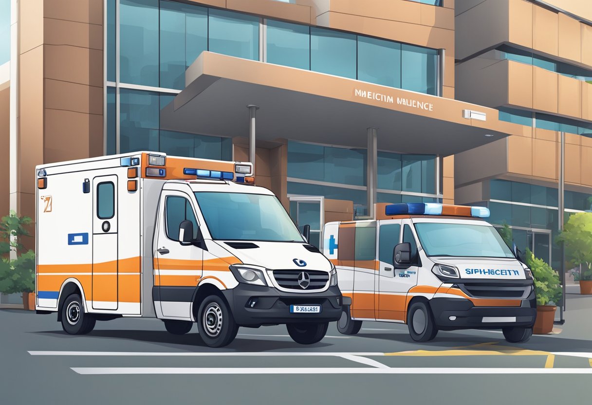 Uma ambulância particular estacionada do lado de fora de um hospital, com equipamentos médicos sendo carregados no veículo por dois paramédicos.